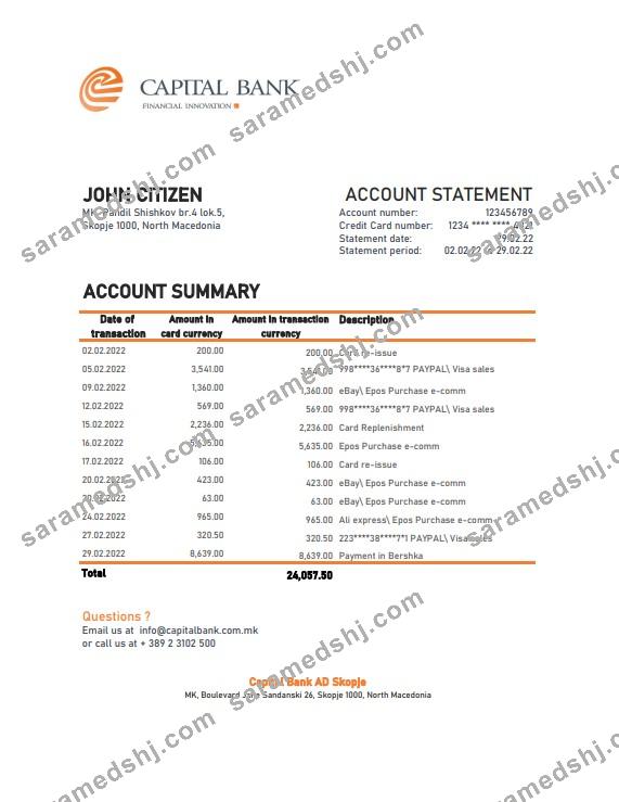North Macedonia Capital Bank statement Excel and PDF template